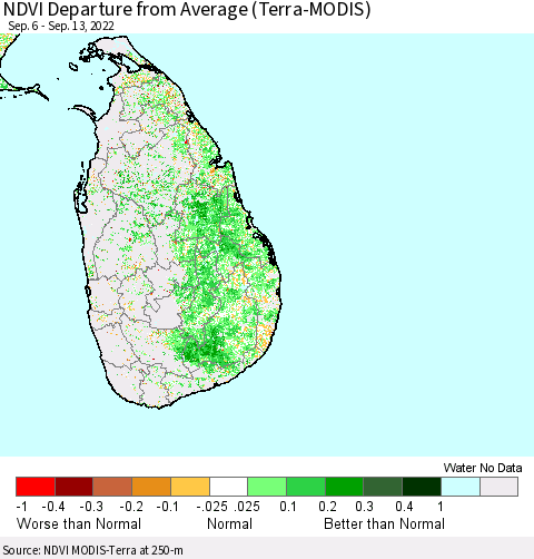 Sri Lanka NDVI Departure from Average (Terra-MODIS) Thematic Map For 9/6/2022 - 9/13/2022