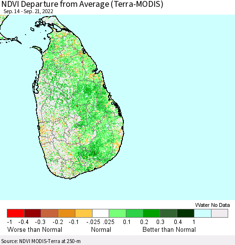 Sri Lanka NDVI Departure from Average (Terra-MODIS) Thematic Map For 9/14/2022 - 9/21/2022