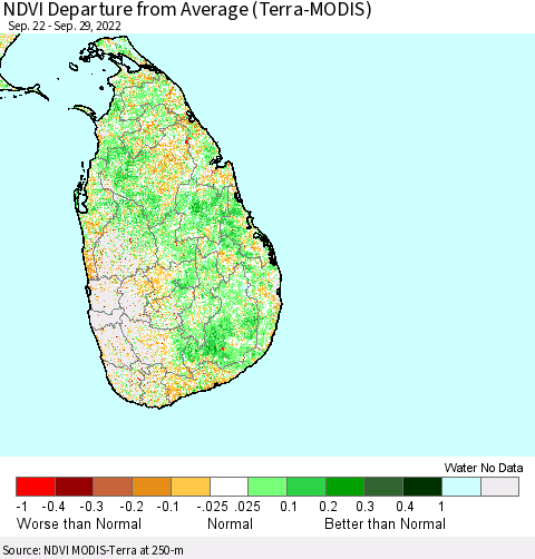 Sri Lanka NDVI Departure from Average (Terra-MODIS) Thematic Map For 9/22/2022 - 9/29/2022