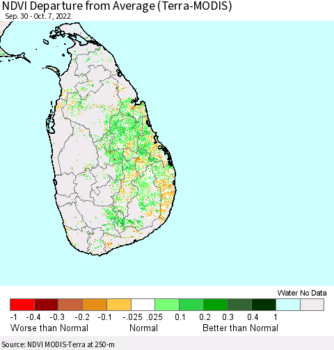 Sri Lanka NDVI Departure from Average (Terra-MODIS) Thematic Map For 9/30/2022 - 10/7/2022