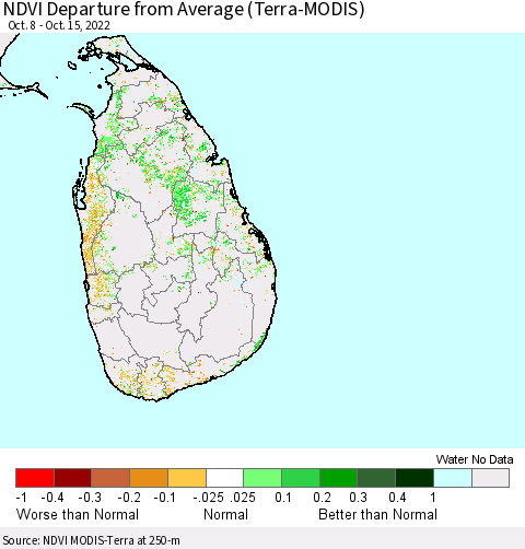 Sri Lanka NDVI Departure from Average (Terra-MODIS) Thematic Map For 10/8/2022 - 10/15/2022