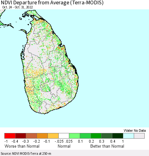 Sri Lanka NDVI Departure from Average (Terra-MODIS) Thematic Map For 10/21/2022 - 10/31/2022
