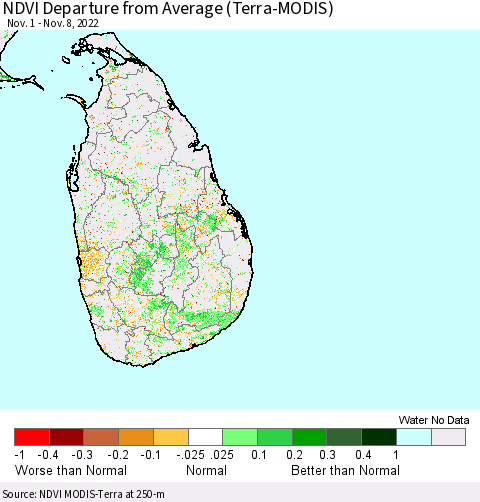Sri Lanka NDVI Departure from Average (Terra-MODIS) Thematic Map For 11/1/2022 - 11/8/2022