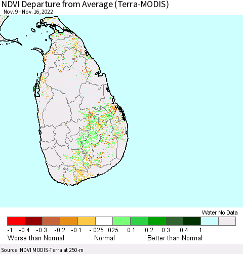 Sri Lanka NDVI Departure from Average (Terra-MODIS) Thematic Map For 11/9/2022 - 11/16/2022