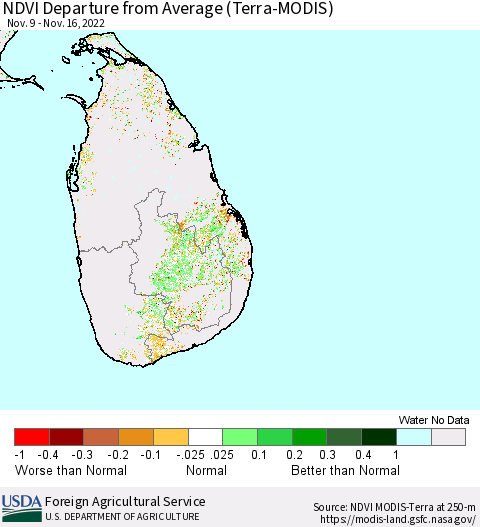 Sri Lanka NDVI Departure from Average (Terra-MODIS) Thematic Map For 11/11/2022 - 11/20/2022
