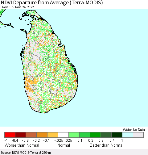 Sri Lanka NDVI Departure from Average (Terra-MODIS) Thematic Map For 11/17/2022 - 11/24/2022