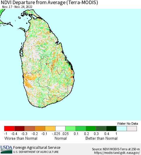Sri Lanka NDVI Departure from Average (Terra-MODIS) Thematic Map For 11/21/2022 - 11/30/2022