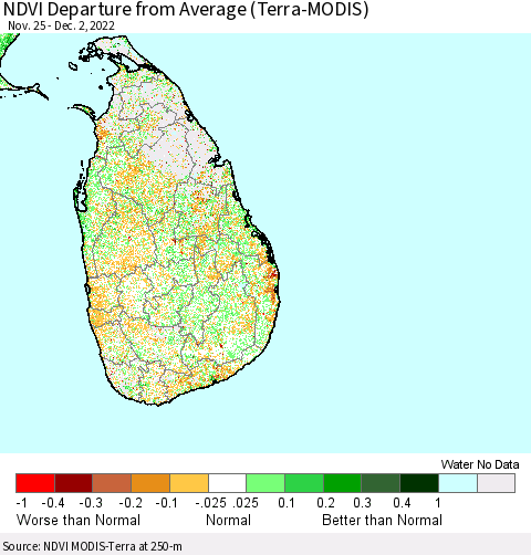 Sri Lanka NDVI Departure from Average (Terra-MODIS) Thematic Map For 11/25/2022 - 12/2/2022