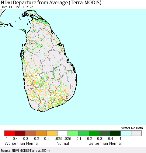 Sri Lanka NDVI Departure from Average (Terra-MODIS) Thematic Map For 12/11/2022 - 12/18/2022