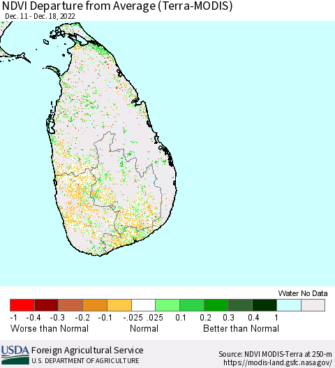 Sri Lanka NDVI Departure from Average (Terra-MODIS) Thematic Map For 12/11/2022 - 12/20/2022