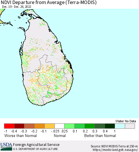 Sri Lanka NDVI Departure from Average (Terra-MODIS) Thematic Map For 12/21/2022 - 12/31/2022