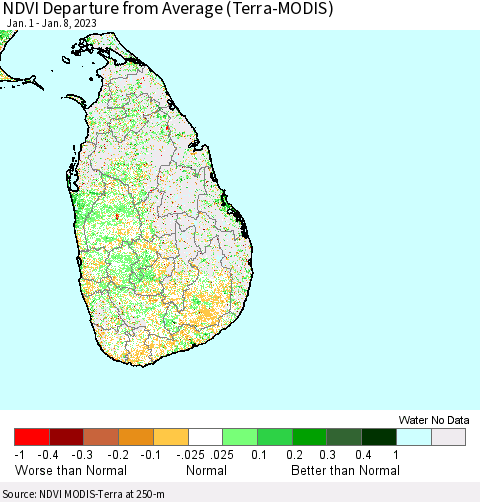 Sri Lanka NDVI Departure from Average (Terra-MODIS) Thematic Map For 1/1/2023 - 1/8/2023