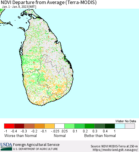 Sri Lanka NDVI Departure from Average (Terra-MODIS) Thematic Map For 1/1/2023 - 1/10/2023