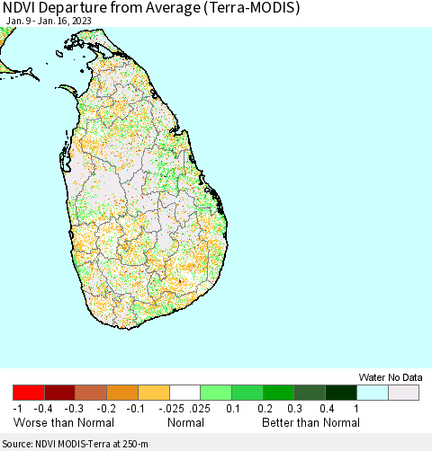 Sri Lanka NDVI Departure from Average (Terra-MODIS) Thematic Map For 1/9/2023 - 1/16/2023