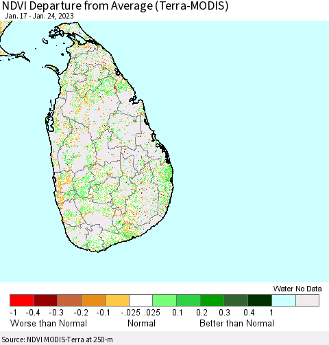 Sri Lanka NDVI Departure from Average (Terra-MODIS) Thematic Map For 1/17/2023 - 1/24/2023