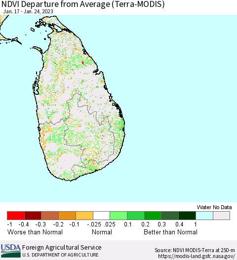Sri Lanka NDVI Departure from Average (Terra-MODIS) Thematic Map For 1/21/2023 - 1/31/2023