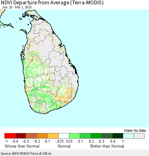 Sri Lanka NDVI Departure from Average (Terra-MODIS) Thematic Map For 1/25/2023 - 2/1/2023