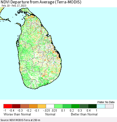 Sri Lanka NDVI Departure from Average (Terra-MODIS) Thematic Map For 2/10/2023 - 2/17/2023