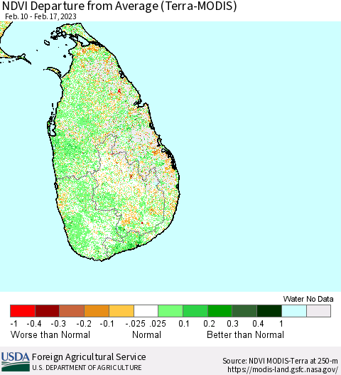 Sri Lanka NDVI Departure from Average (Terra-MODIS) Thematic Map For 2/11/2023 - 2/20/2023