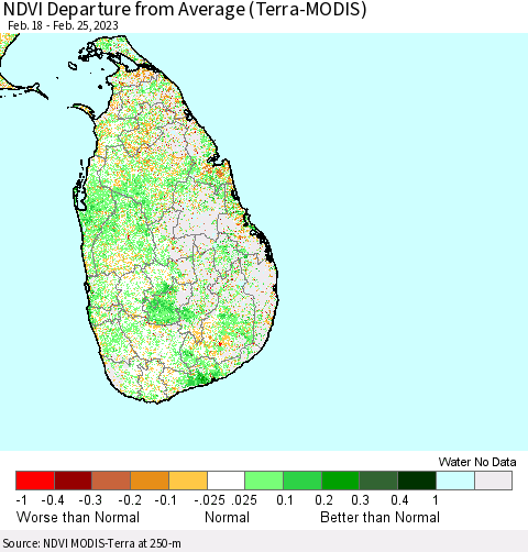 Sri Lanka NDVI Departure from Average (Terra-MODIS) Thematic Map For 2/18/2023 - 2/25/2023