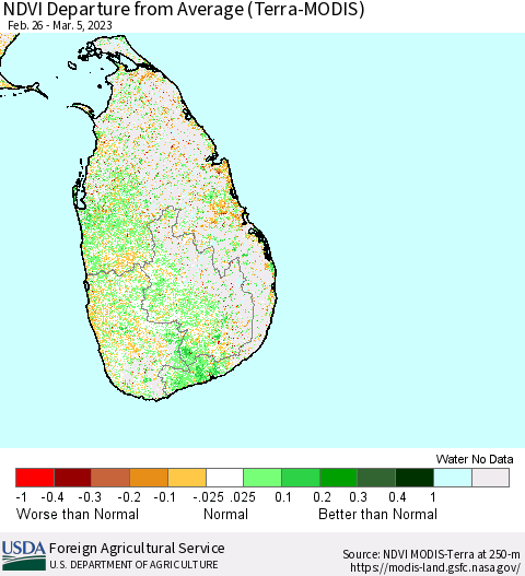 Sri Lanka NDVI Departure from Average (Terra-MODIS) Thematic Map For 3/1/2023 - 3/10/2023