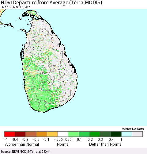 Sri Lanka NDVI Departure from Average (Terra-MODIS) Thematic Map For 3/6/2023 - 3/13/2023