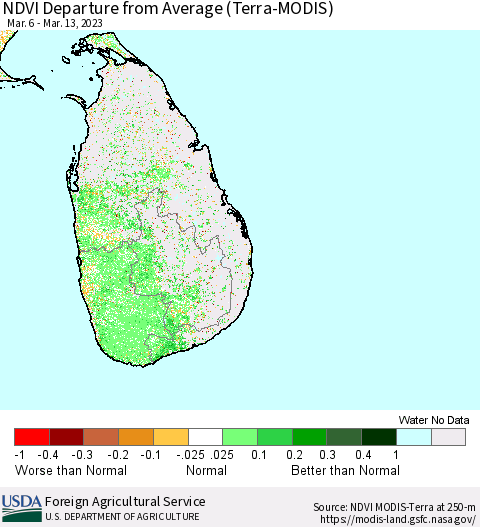 Sri Lanka NDVI Departure from Average (Terra-MODIS) Thematic Map For 3/11/2023 - 3/20/2023