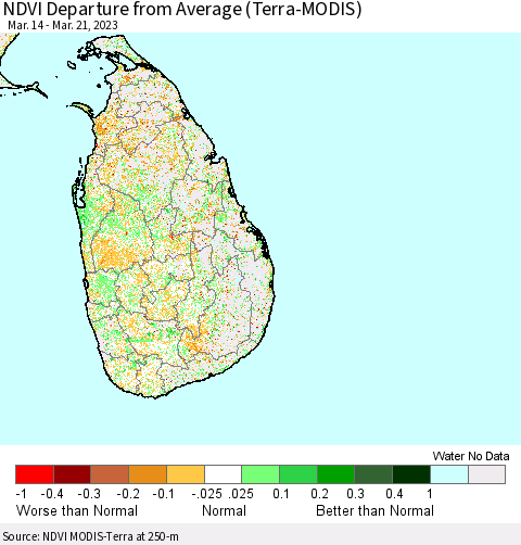 Sri Lanka NDVI Departure from Average (Terra-MODIS) Thematic Map For 3/14/2023 - 3/21/2023
