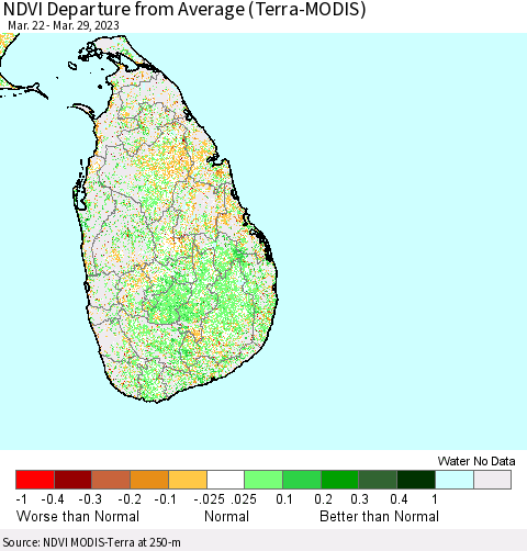 Sri Lanka NDVI Departure from Average (Terra-MODIS) Thematic Map For 3/22/2023 - 3/29/2023