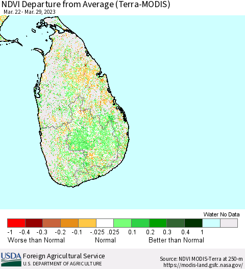 Sri Lanka NDVI Departure from Average (Terra-MODIS) Thematic Map For 3/21/2023 - 3/31/2023