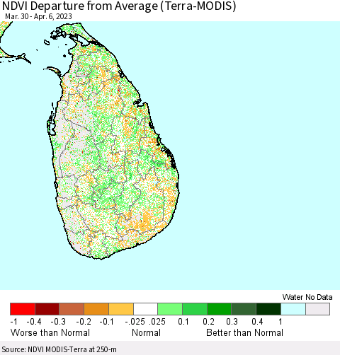 Sri Lanka NDVI Departure from Average (Terra-MODIS) Thematic Map For 3/30/2023 - 4/6/2023