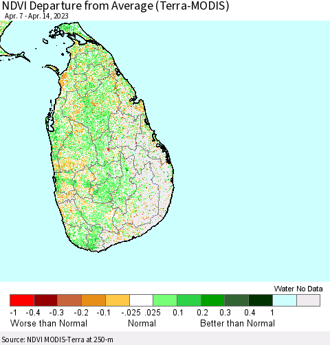 Sri Lanka NDVI Departure from Average (Terra-MODIS) Thematic Map For 4/7/2023 - 4/14/2023