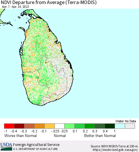 Sri Lanka NDVI Departure from Average (Terra-MODIS) Thematic Map For 4/11/2023 - 4/20/2023