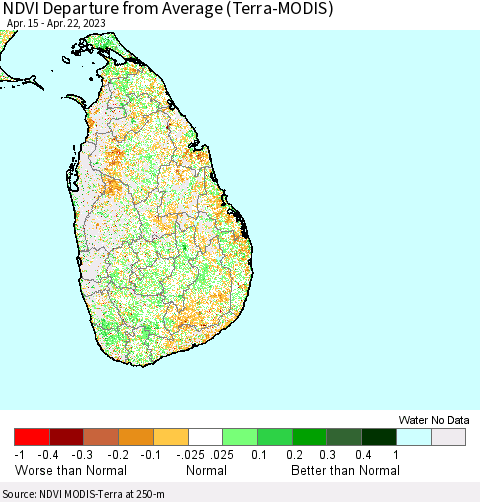 Sri Lanka NDVI Departure from Average (Terra-MODIS) Thematic Map For 4/15/2023 - 4/22/2023