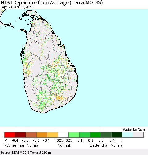 Sri Lanka NDVI Departure from Average (Terra-MODIS) Thematic Map For 4/23/2023 - 4/30/2023