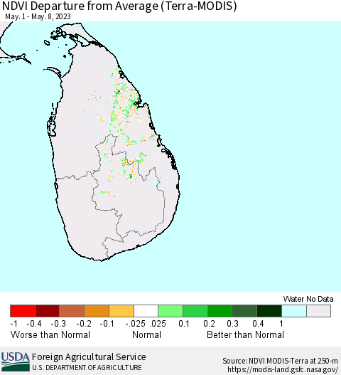 Sri Lanka NDVI Departure from Average (Terra-MODIS) Thematic Map For 5/1/2023 - 5/10/2023