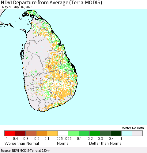 Sri Lanka NDVI Departure from Average (Terra-MODIS) Thematic Map For 5/9/2023 - 5/16/2023