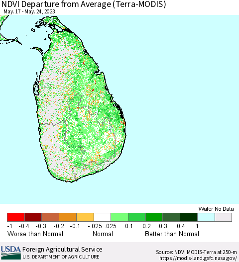 Sri Lanka NDVI Departure from Average (Terra-MODIS) Thematic Map For 5/21/2023 - 5/31/2023