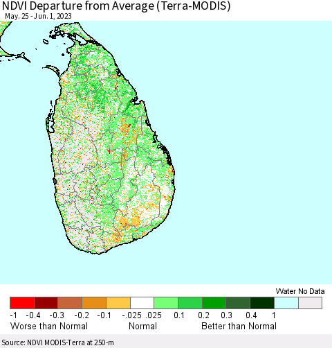Sri Lanka NDVI Departure from Average (Terra-MODIS) Thematic Map For 5/25/2023 - 6/1/2023
