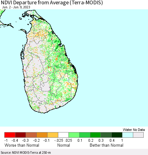 Sri Lanka NDVI Departure from Average (Terra-MODIS) Thematic Map For 6/2/2023 - 6/9/2023