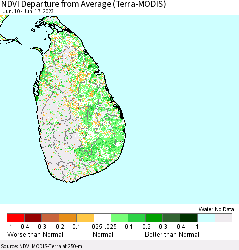 Sri Lanka NDVI Departure from Average (Terra-MODIS) Thematic Map For 6/10/2023 - 6/17/2023