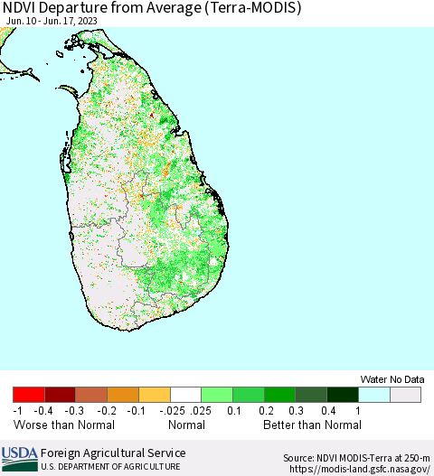Sri Lanka NDVI Departure from Average (Terra-MODIS) Thematic Map For 6/11/2023 - 6/20/2023