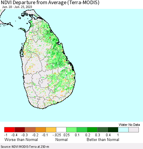 Sri Lanka NDVI Departure from Average (Terra-MODIS) Thematic Map For 6/18/2023 - 6/25/2023