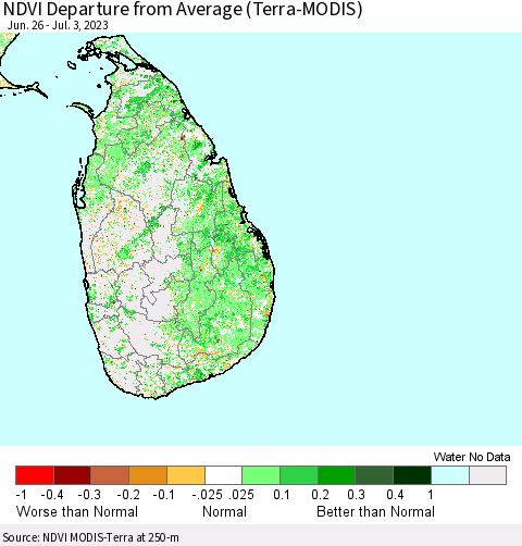 Sri Lanka NDVI Departure from Average (Terra-MODIS) Thematic Map For 6/26/2023 - 7/3/2023