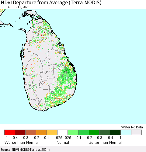 Sri Lanka NDVI Departure from Average (Terra-MODIS) Thematic Map For 7/4/2023 - 7/11/2023