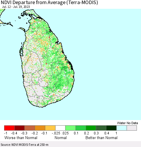 Sri Lanka NDVI Departure from Average (Terra-MODIS) Thematic Map For 7/12/2023 - 7/19/2023