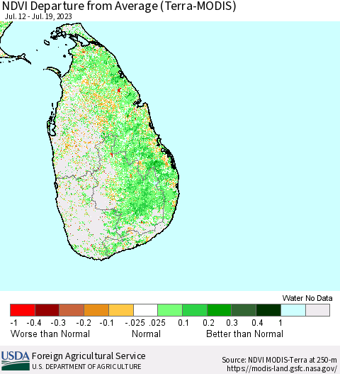 Sri Lanka NDVI Departure from Average (Terra-MODIS) Thematic Map For 7/11/2023 - 7/20/2023