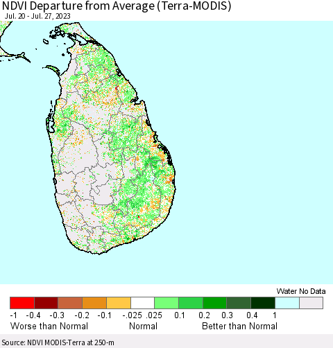 Sri Lanka NDVI Departure from Average (Terra-MODIS) Thematic Map For 7/20/2023 - 7/27/2023