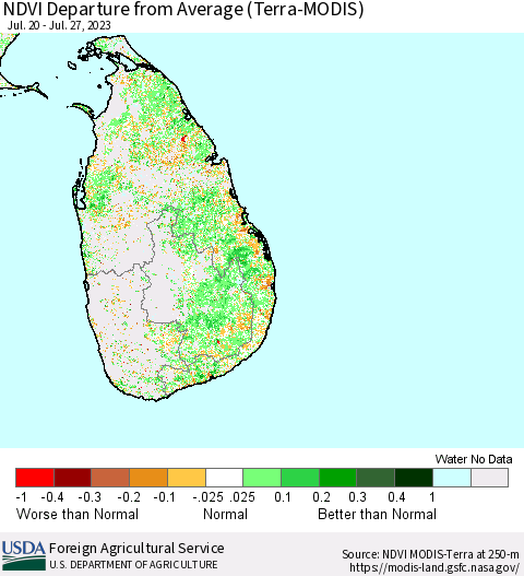 Sri Lanka NDVI Departure from Average (Terra-MODIS) Thematic Map For 7/21/2023 - 7/31/2023