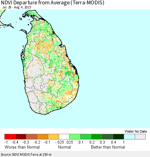 Sri Lanka NDVI Departure from Average (Terra-MODIS) Thematic Map For 7/28/2023 - 8/4/2023